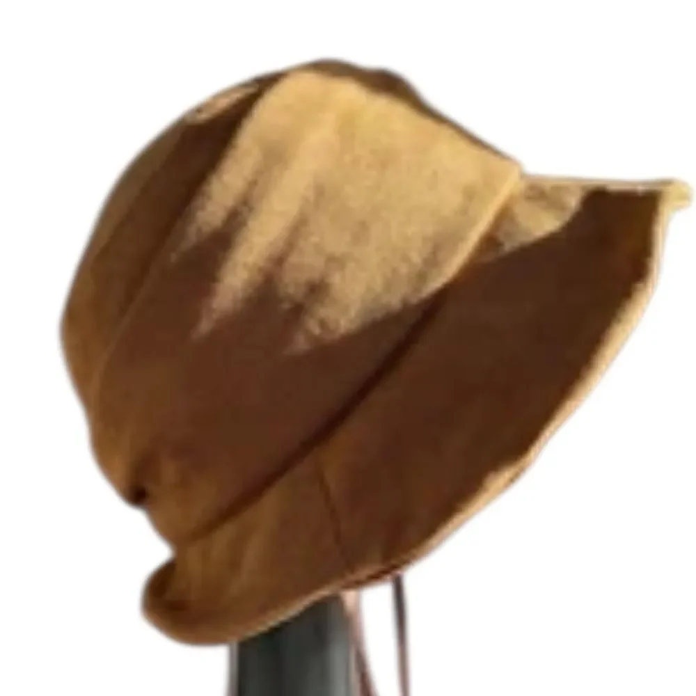 Comhats vintage caramel cloche bucket hat with a chin strap and drawstring